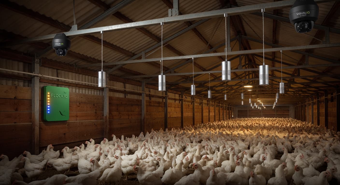 Complete FlockIQ system installed in commercial poultry house