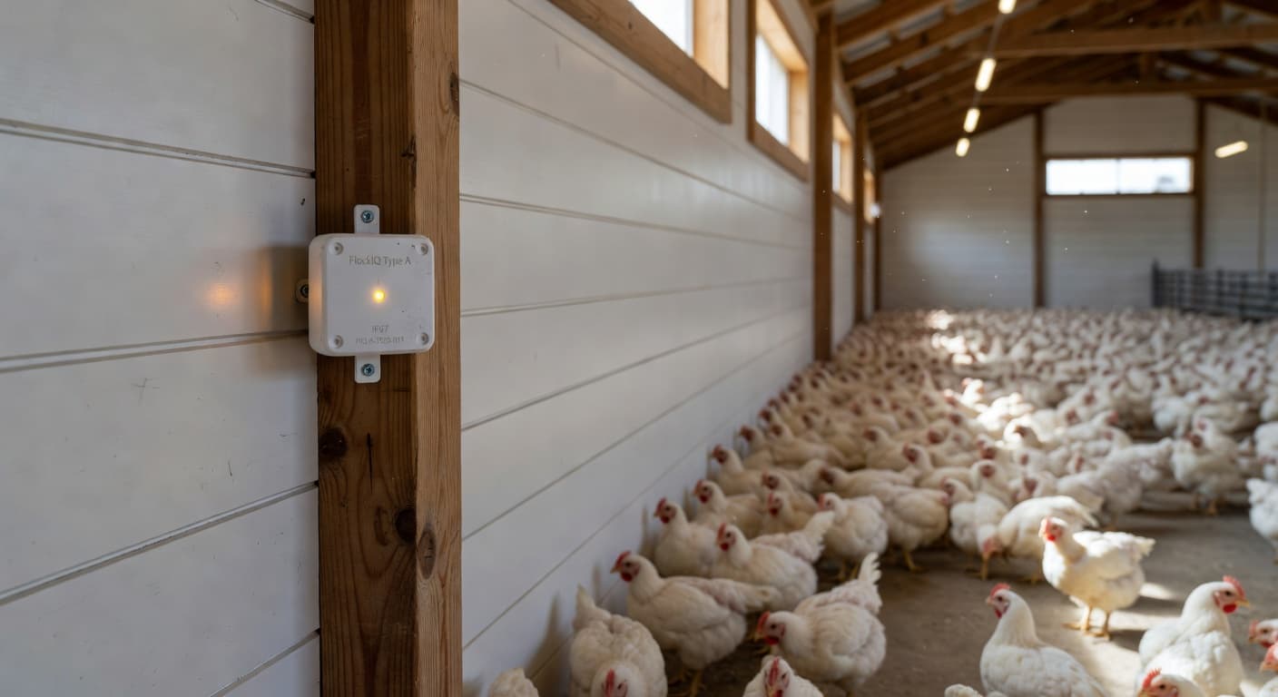 Tablet and barn dashboard mockup with poultry monitoring metrics